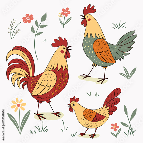 Charming cartoon roosters and hen with floral elements and grass in a playful illustration style