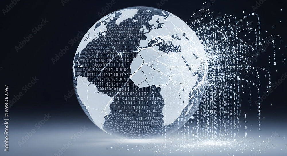 Naklejka premium Abstract Digital Earth Globe with Binary Code and Flowing Data Stream on Dark Background
