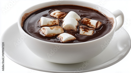 Hot chocolate in ceramic cup with marshmallows on top, isolated on white background, cozy winter breakfast