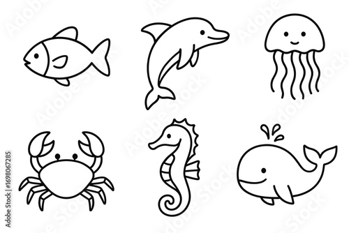 Marine life: fish, dolphin, jellyfish, crab, seahorse, whale line art illustration
