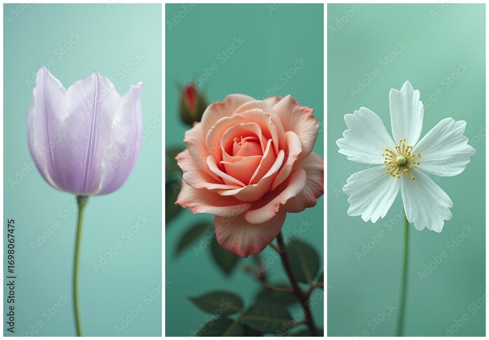 Fototapeta premium A triptych features three delicate flowers: a lavender tulip, a peach rose, and a white cosmos, each against a soft teal backdrop.