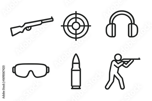 Vector icons of shooting range equipment and symbols