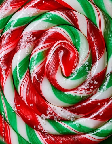 Close-up of red, green and white candy cane swirl with sugar crystals. Generated image