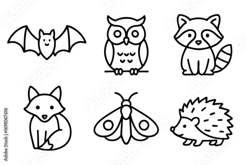 Cute outline animals: bat, owl, raccoon, fox, moth, hedgehog