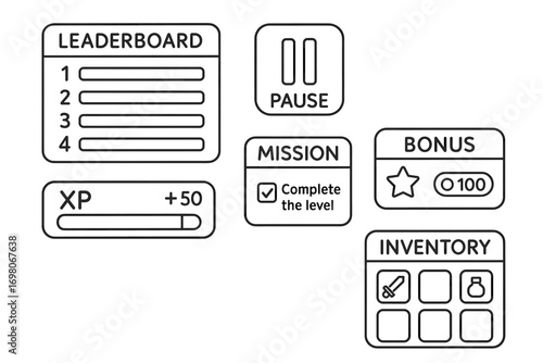Minimalist game ui elements for leaderboard, xp, and inventory display