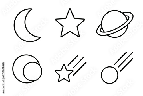 Outline icons: moon, star, planet, eclipse, shooting star, comet - celestial symbols