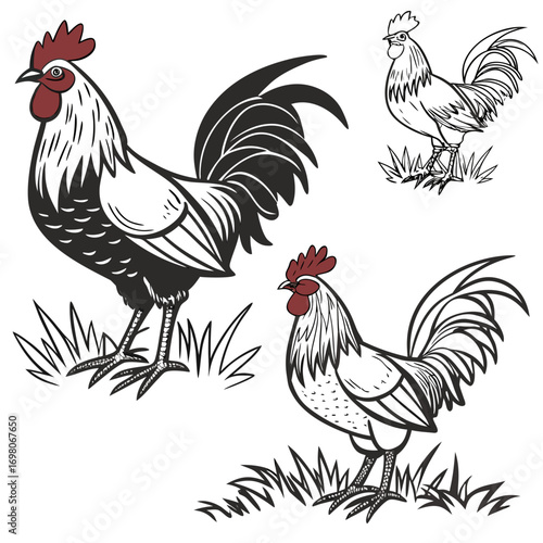Stylized roosters standing in grass detailed illustration in black white and red colors