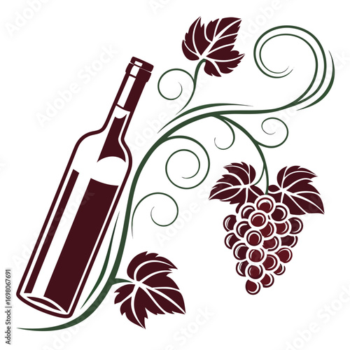 Elegant wine bottle and grape cluster logo design for a premium beverage brand