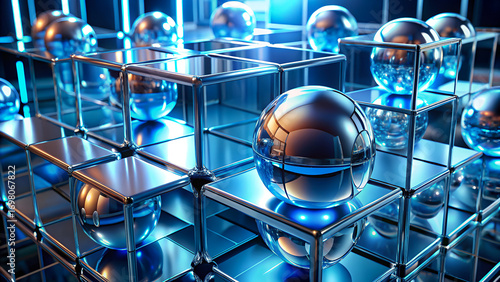 Futuristic abstract chrome spheres on glowing blue grid background