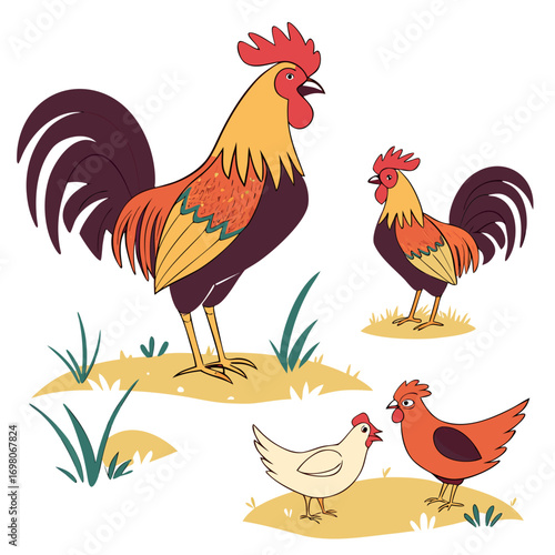 Three colorful cartoon roosters and two chickens standing on grassy patches against a white background
