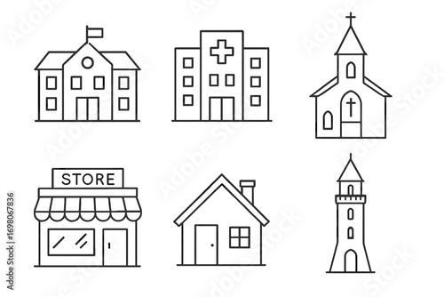 Simple line art of community buildings: school, hospital, church, store, house, lighthouse