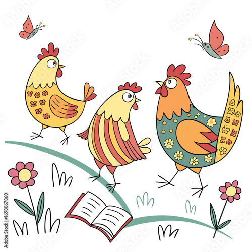 Three cute cartoon chickens and butterflies enjoying a sunny day with flowers and an open book
