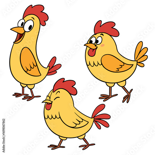 Three cheerful cartoon chickens with red combs and orange tails standing and walking on white background