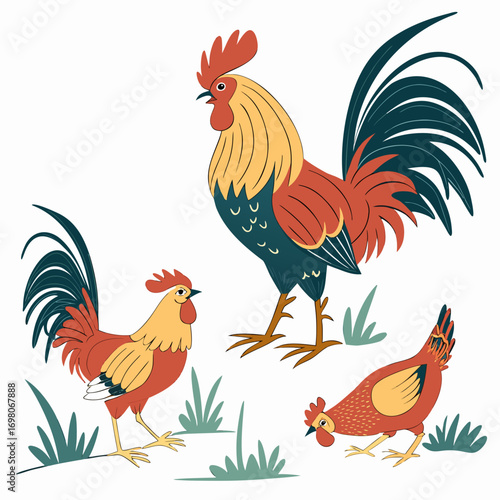 Three stylized roosters and a hen with colorful plumage standing in green grass on a white background