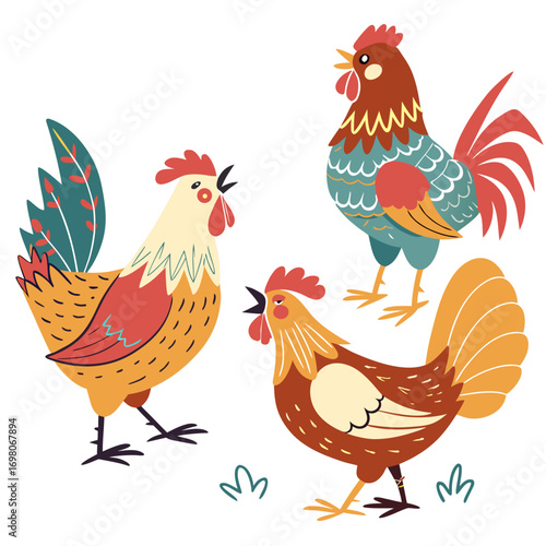 Three stylized roosters with colorful feathers and open beaks on a white background