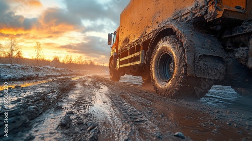 Mud-Covered Truck on Dirt Road at Sunset