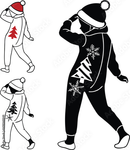 Silhouette of kids in christmas pajamas on white