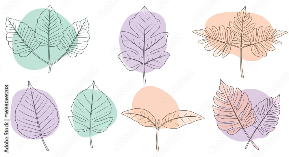 Obraz premium Collection of Stylized Line Art Leaf Illustrations with Colorful Backgrounds.