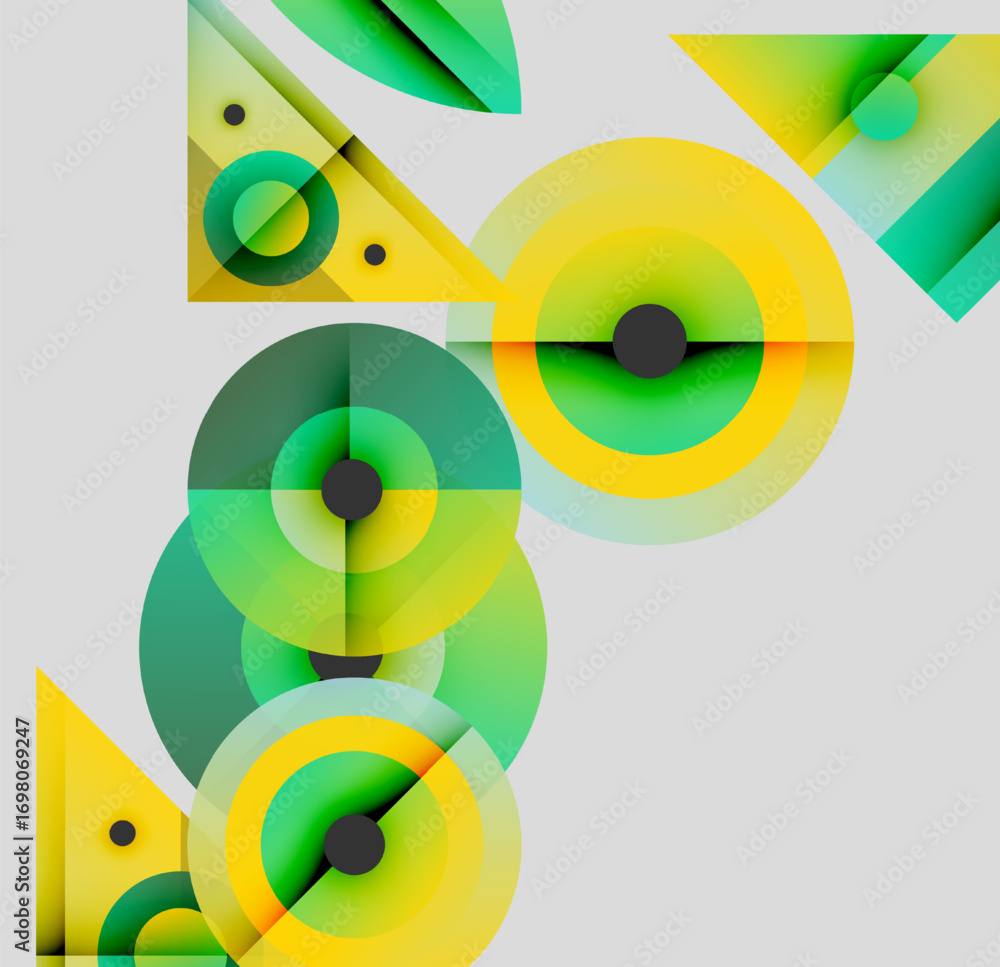 Obraz premium Abstract geometric composition. Overlapping circles, triangles create dynamic visual effect. Green, yellow hues dominate neutral background.