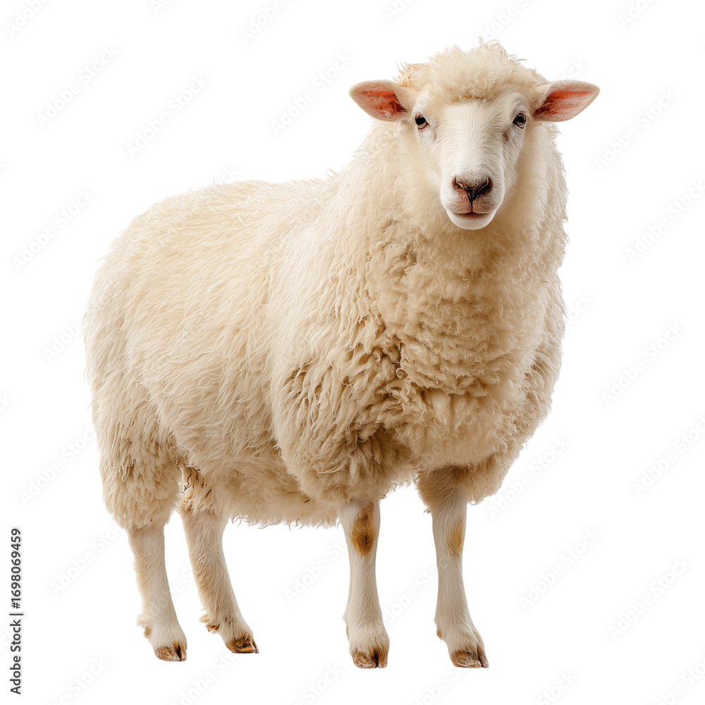 Fototapeta premium A captivating close-up of a single, pristine white sheep standing proudly against a neutral background.