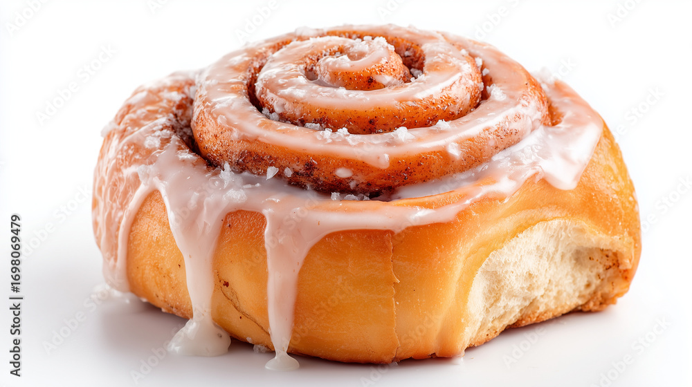 Fototapeta premium Cinnamon roll with sugar glaze dripping, isolated on white background, high resolution close-up