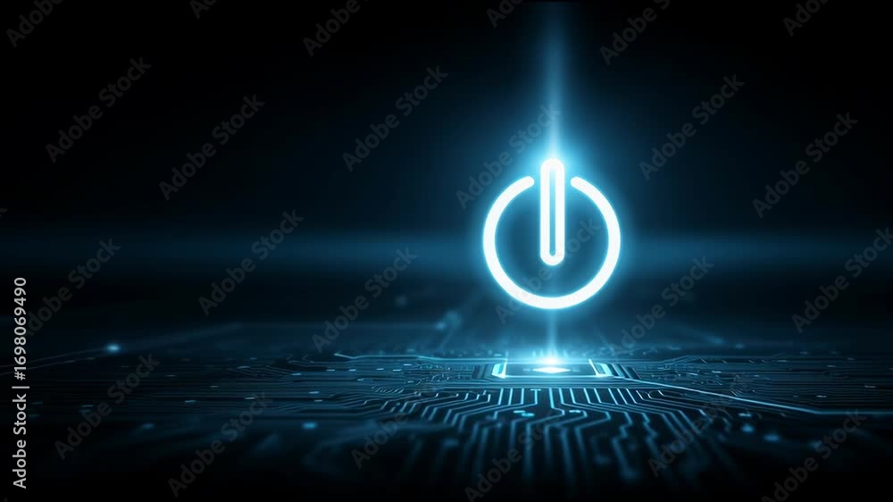 Glowing power button hovering over a futuristic circuit board in a dark room at night