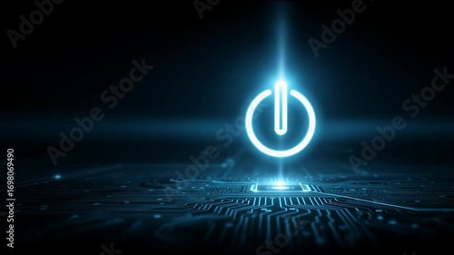 Glowing power button hovering over a futuristic circuit board in a dark room at night