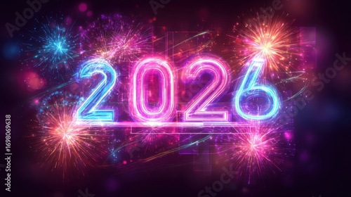 Neon glowing number 2026 for a celebration. Happy New Year's Eve coming soon party banner. Festive holiday event concept for greeting card.