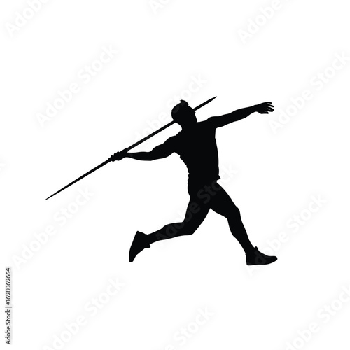 Silhouette of javelin thrower isolated on white background, sport concept