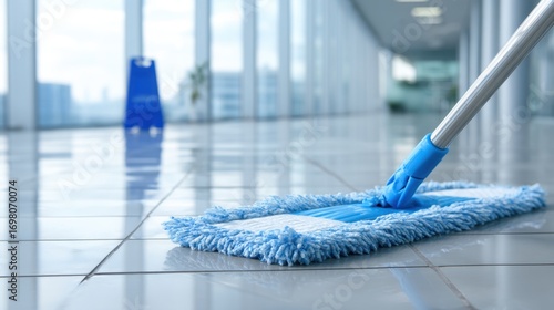 Blue mop cleaning a shiny tile floor in a modern hallway, concept of clean environment and hygiene for home