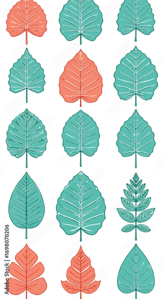 Obraz premium Collection of Stylized Coral and Teal Leaves with Vein Patterns.