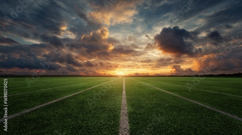 Fototapeta Naklejka Na Ścianę i Meble -  Green athletic field with marked lines stretching into the horizon under a dramatic evening sky with a vibrant sunset.