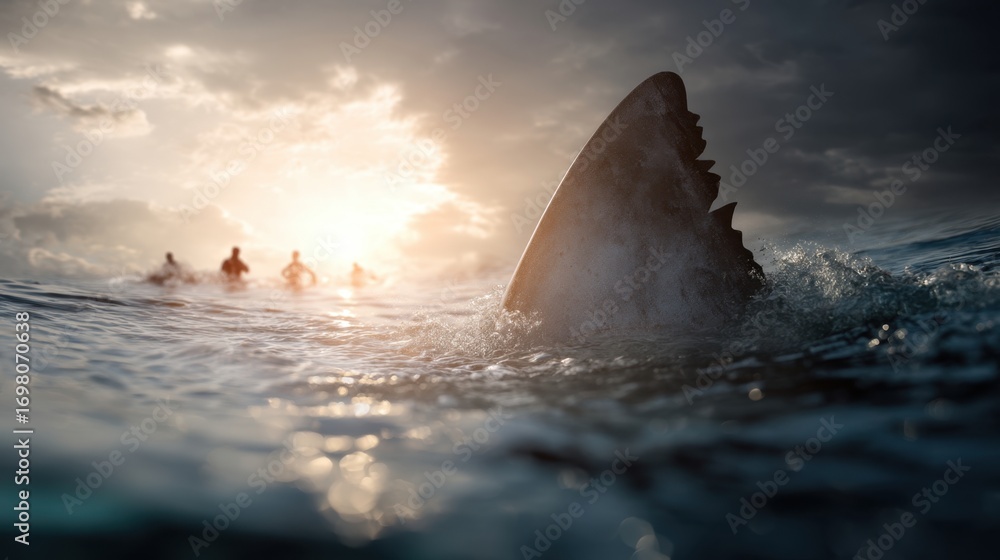 Fototapeta premium Large shark fin in water with silhouette of swimmers at sunset. Concept of danger and threat near people swimming in ocean.