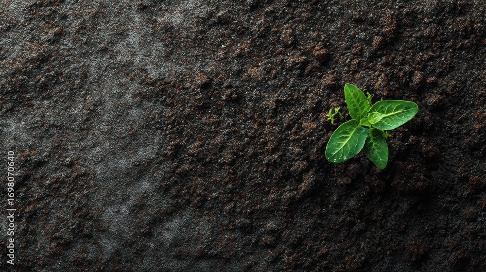 Naklejka premium Single green sprout with water drops in dark fertile soil. Growth concept showing nature, environment, and new beginning.