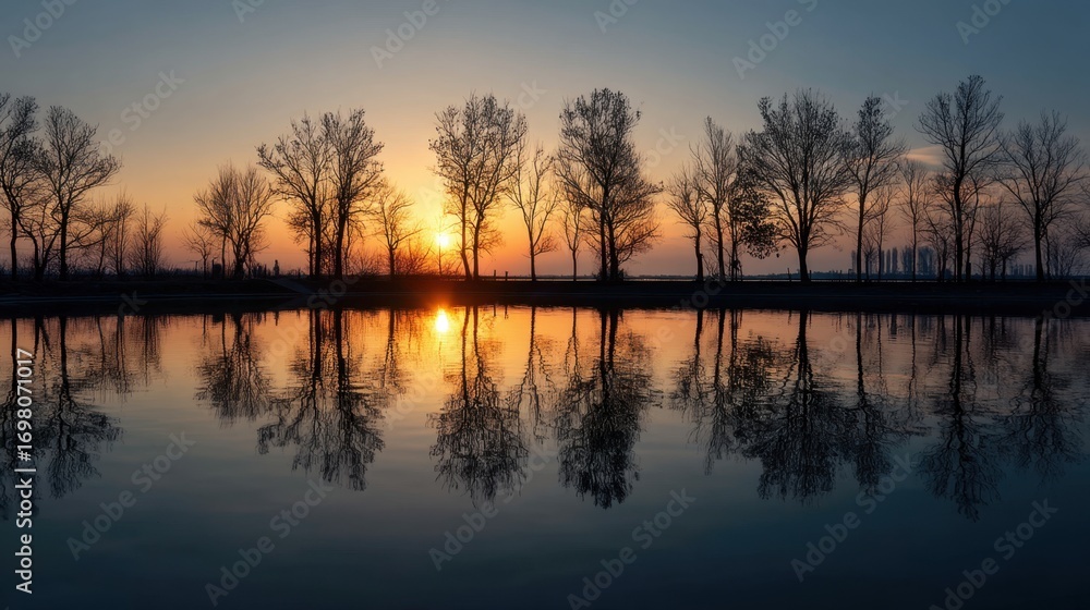 Fototapeta premium Winter bare trees silhouettes reflection in water with sunset sky creating a serene nature scene for travel.