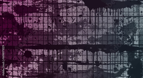 Abstract paint splatters and drips on a grid texture background.