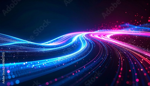 A dynamic, abstract depiction of flowing lines in vibrant blue and pink, suggesting movement and digital connectivity