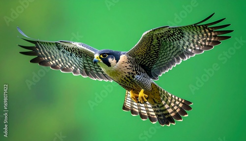 Halcón de Eleonor (Falco eleonorae) en pleno vuelo, alas extendidas, mostrando el detalle del plumaje y su silueta aerodinámica. Fondo completamente verde chroma key uniforme, sin sombras ni elementos