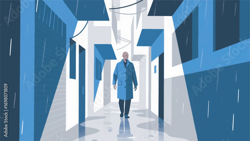 illustration of a man wearing a raincoat walking in a narrow alley vector design template