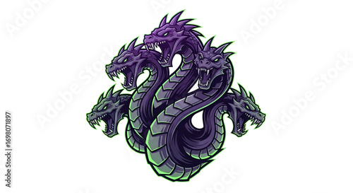 Fierce five-headed hydra serpent monster illustration. A powerful purple mythical beast designed as a fantasy mascot or emblem