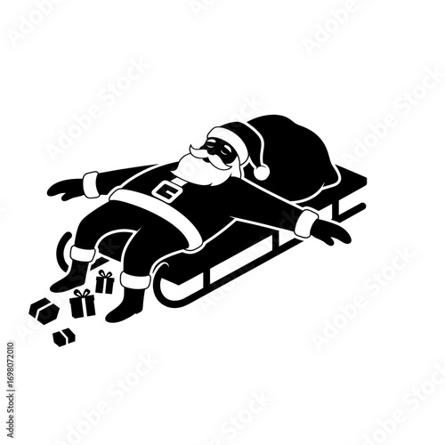 Vector art of tired santa claus lying on a sleigh with gifts