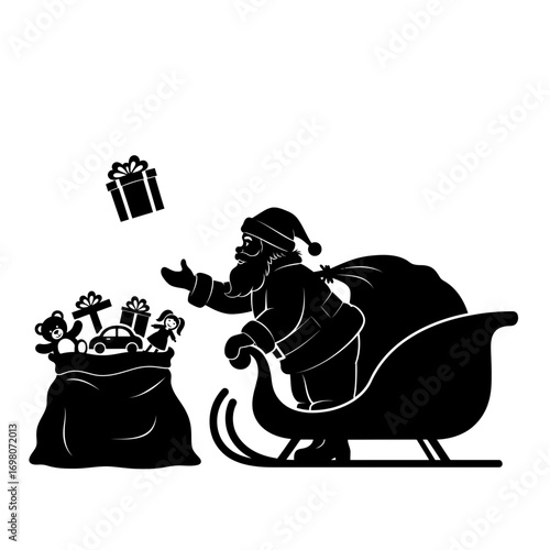 Vector art of santa claus putting gift in sack on sleigh
