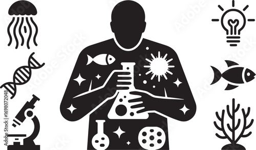 Biologist Silhouette with Marine Life and Scientific Equipment on Transparent Backdrop