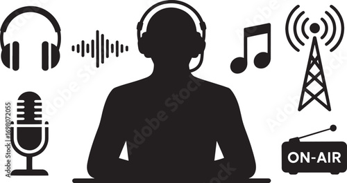 Broadcaster Silhouette with Audio Equipment Icons on Transparent Background for Media
