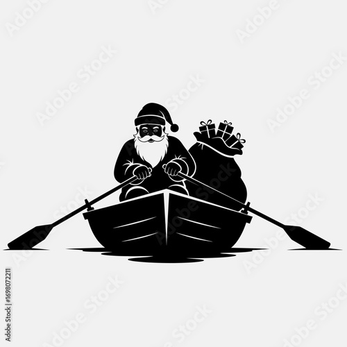 Vector art of santa claus rowing boat with gifts