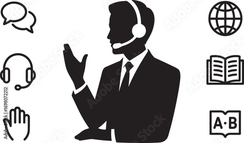 Customer Service Representative Vector Illustration with Headset and Communication Icons