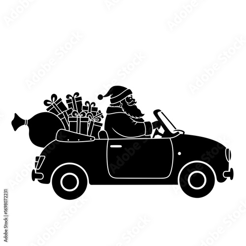 Vector art of santa claus driving a car with gifts christmas concept