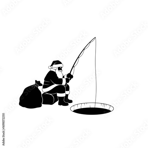 Vector art of santa claus fishing on ice with a gift bag