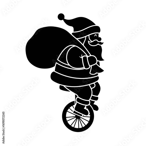 Vector art of santa claus riding a unicycle with gifts christmas concept