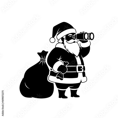 Vector art of santa claus with a bag looking through binoculars